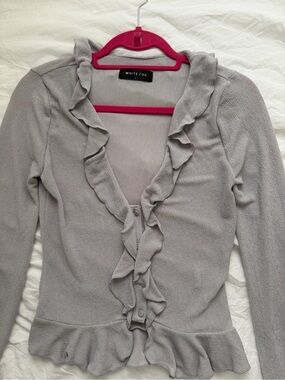 White Fox Boutique “feel my love” grey Ruffle V-Neck Button Front Top